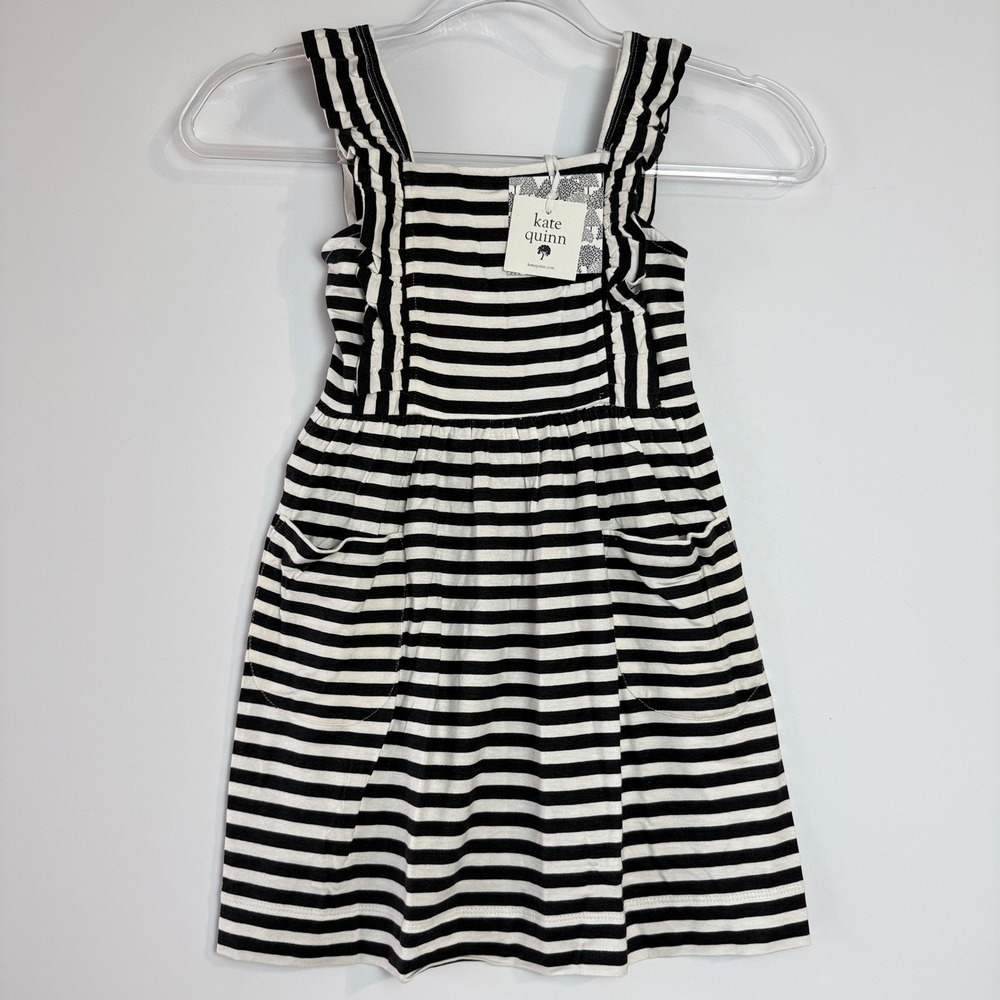 Kate Quinn Striped Pinafore Dress Kids 5Y Black White Ruffle Pocket Button Back‎